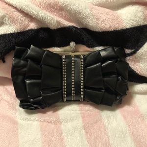 Black Leather Ruffled Clutch